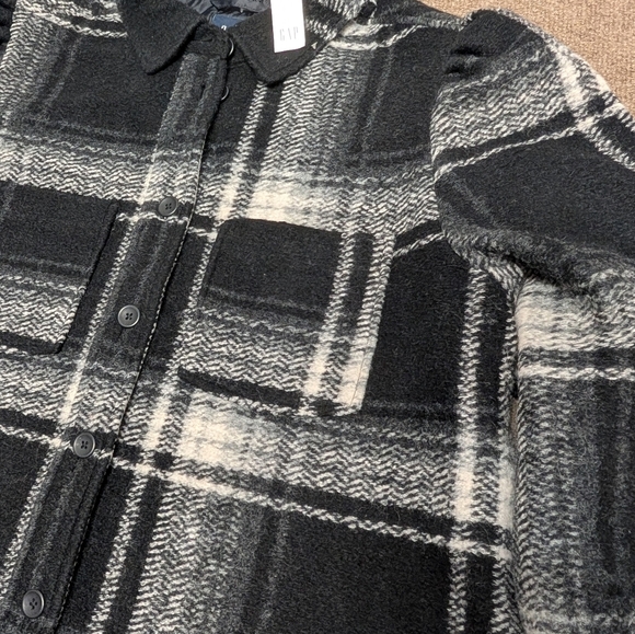 GAP XXL Tall Puff Sleeve Cropped Wool Shirt Plaid Black Gray Jacket New Tags - Picture 4 of 9